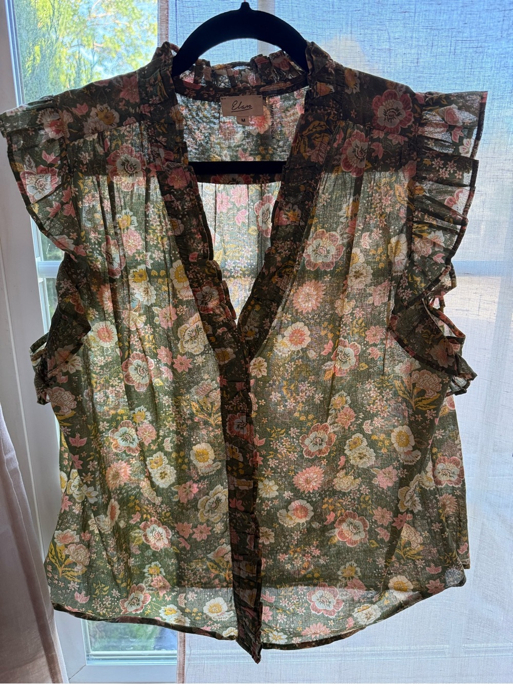 Elan Olive Green Floral Ruffle Sleeve Camisole